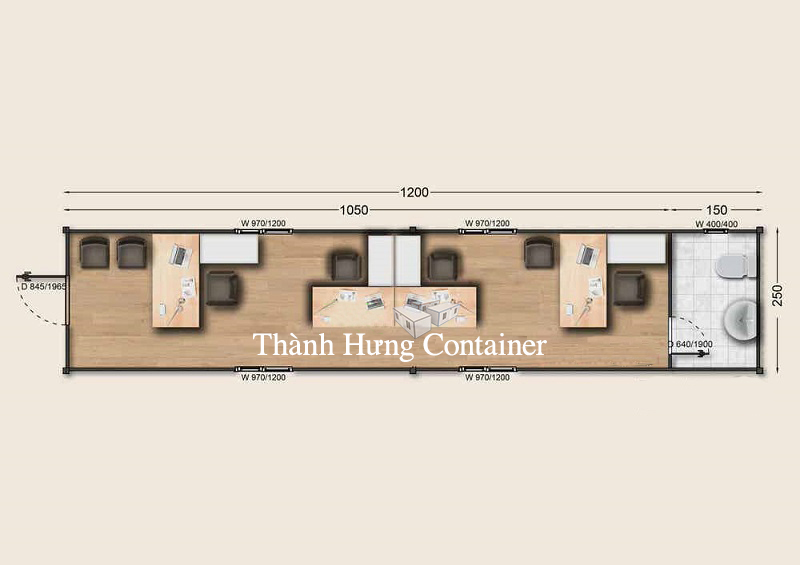 Kích thước container văn phòng 40 feet có toilet